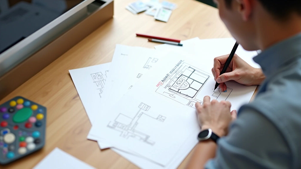 Designer sketching mobile interface wireframes on paper at a wooden desk with color palette nearby