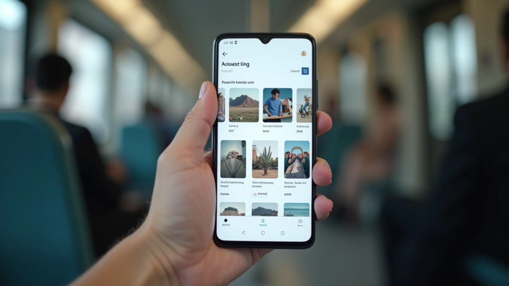 Mobile app interface showing card layout with image, headline, and text in organized grid pattern