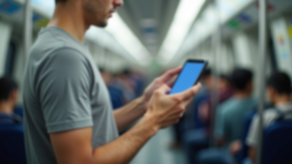 Person using smartphone with one hand while standing on MRT train, showing natural thumb reach zones and interaction patterns
