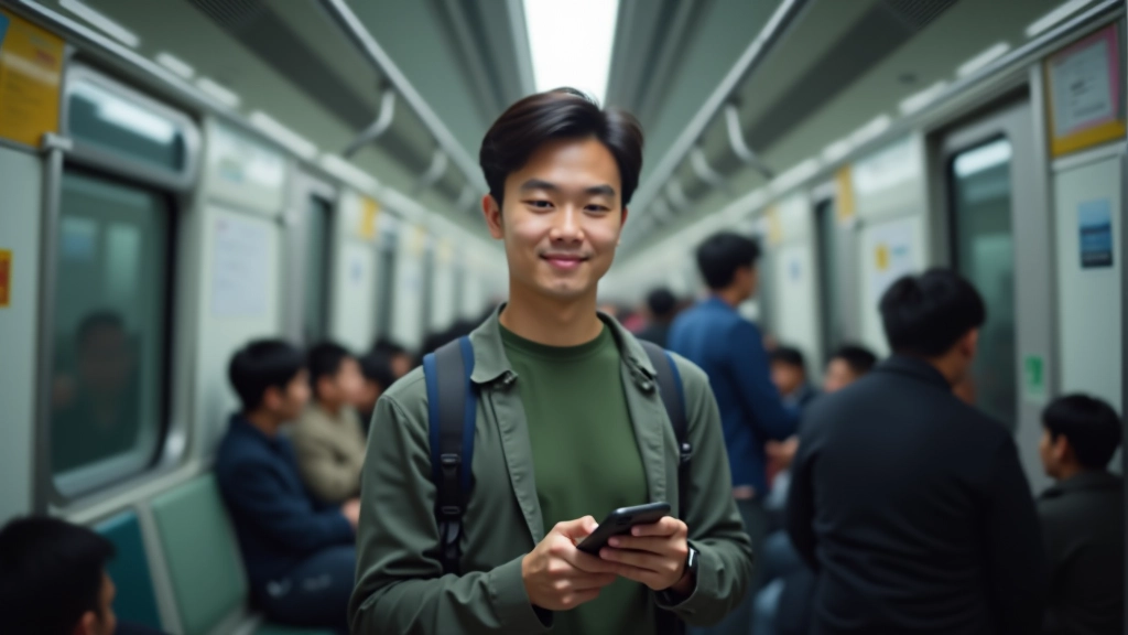 Person using smartphone while standing on crowded MRT train, showing realistic mobile interaction in motion