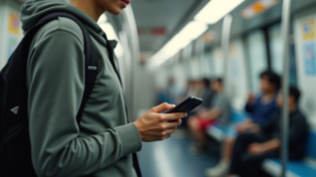 Person standing on MRT train holding smartphone with one hand while gripping pole, testing mobile interface usability during actual commute conditions in Singapore