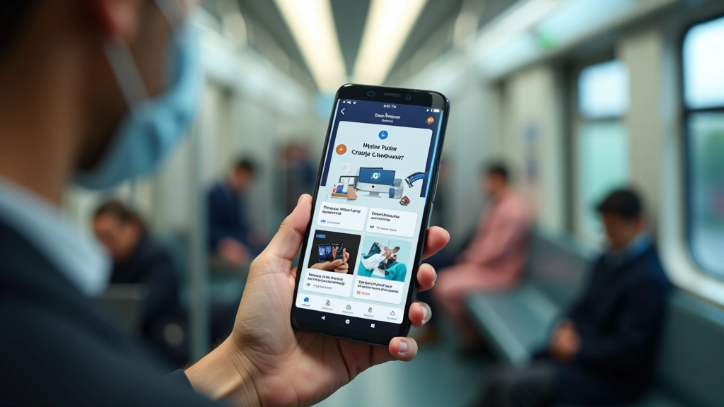 Smartphone displaying content cards layout with short text blocks and images on MRT train interior